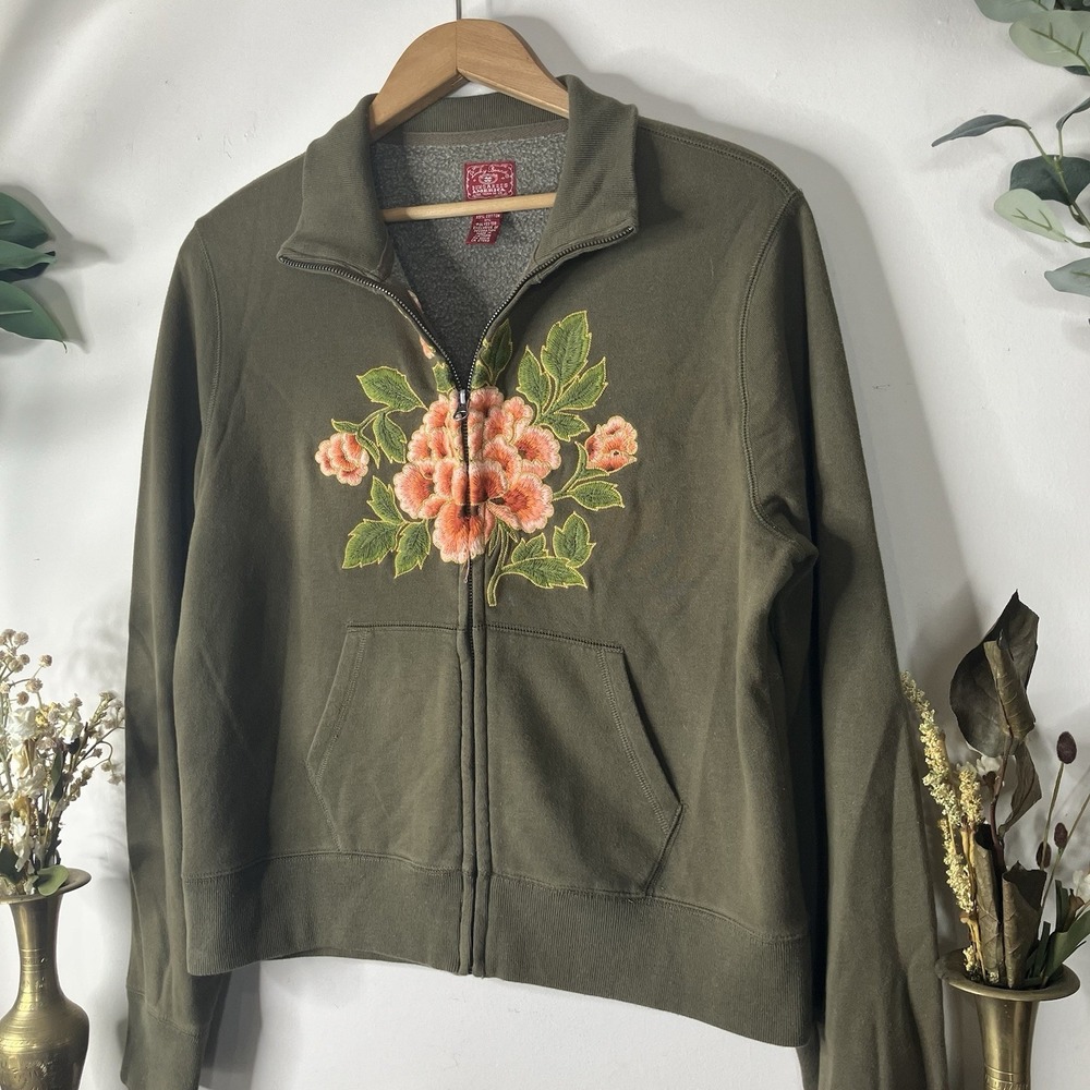 VTG Lucky Brand Sweater Jacket Y2K Zip Floral Peony Embroidery Womens Size XL - Picture 5 of 10